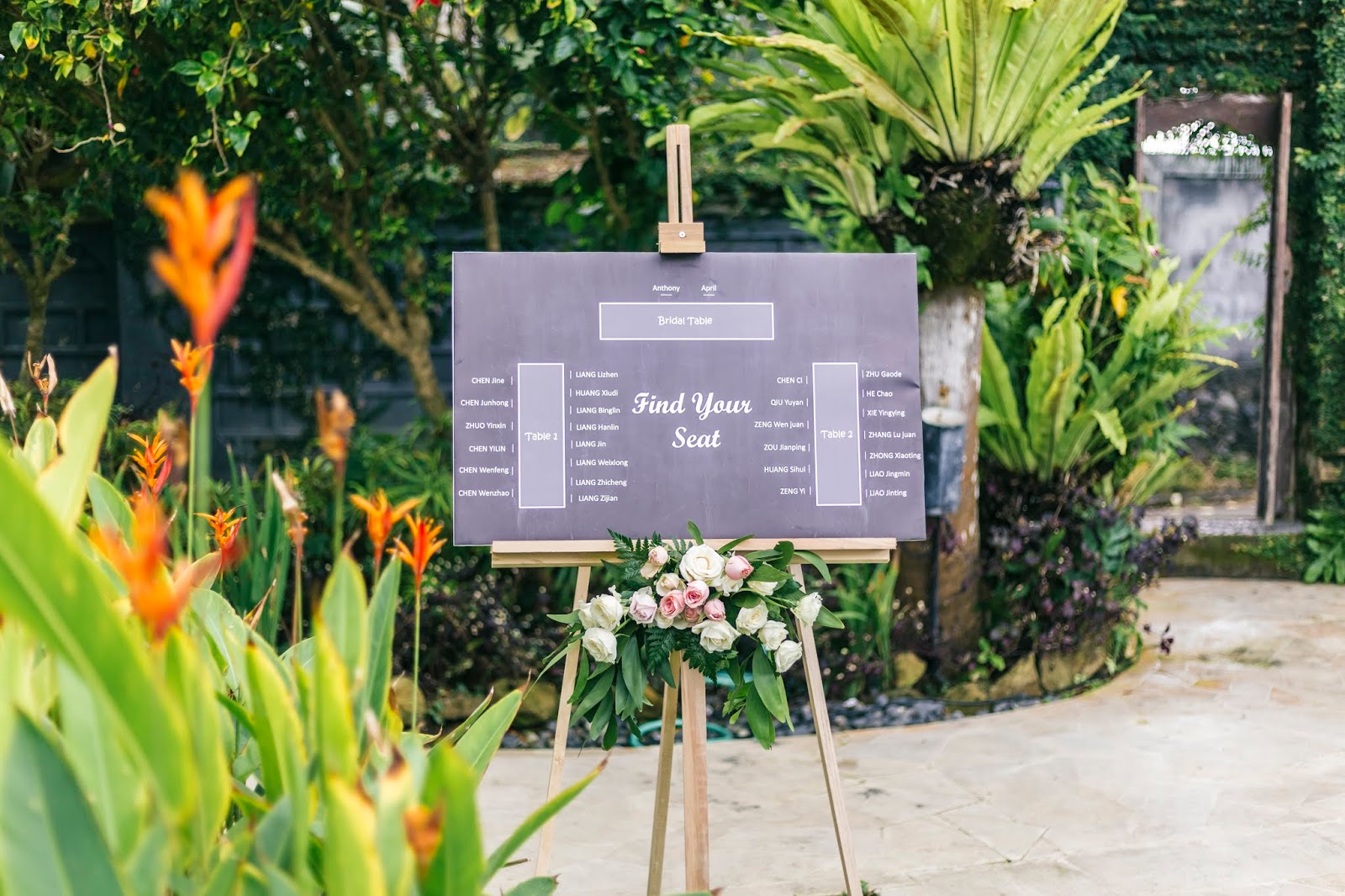 April and Anthony's floral seating arrangement at Puri Nirwana Villa