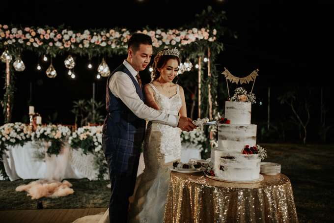 Tony and Melani cutting their wedding cake